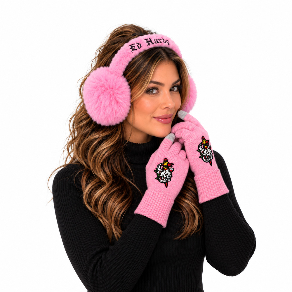Ed Hardy Womens Pink Faux Fur Earmuffs Gloves O/S Skull Y2K Touchscreen Set